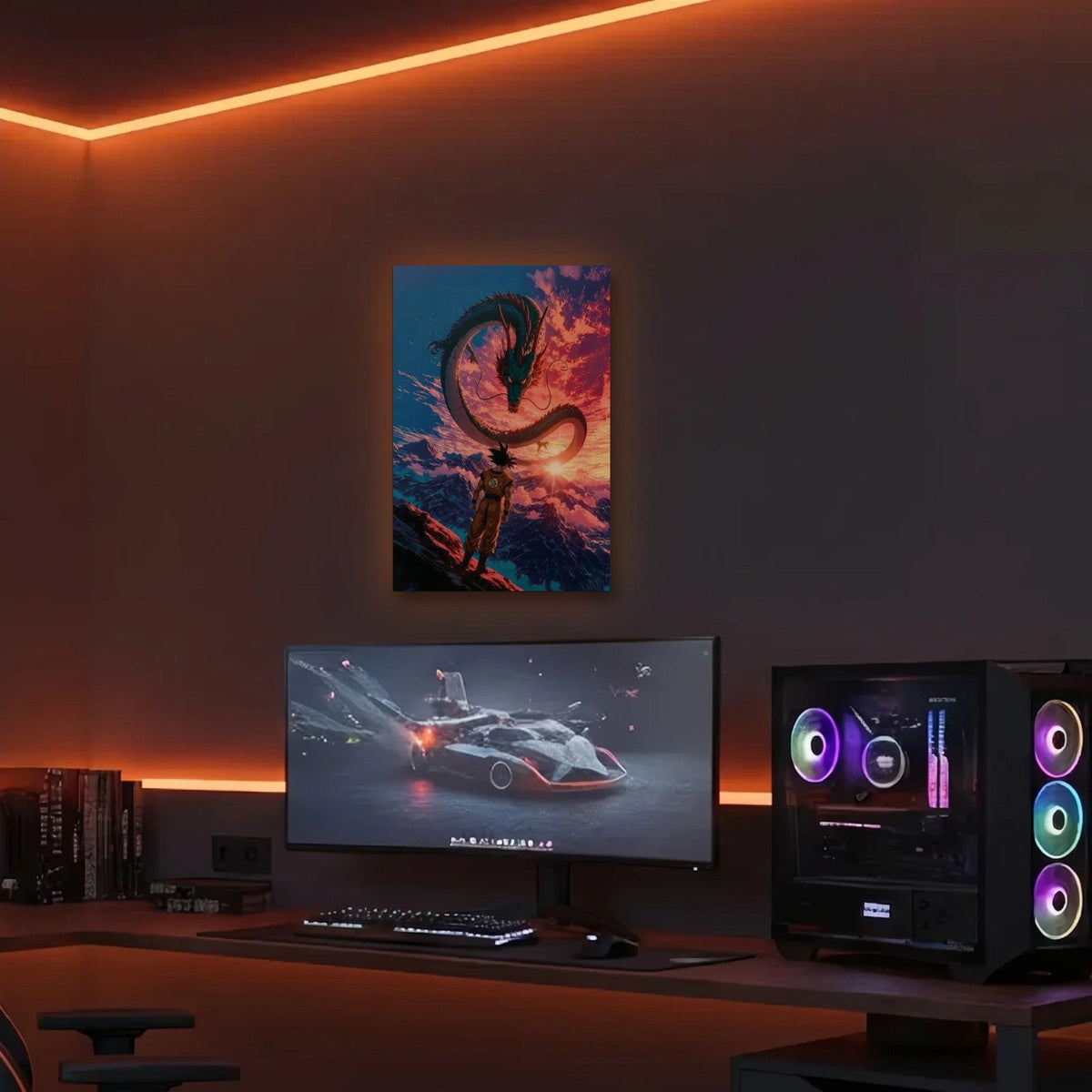 Anime Art acrylic wall art in an orange LED gaming room