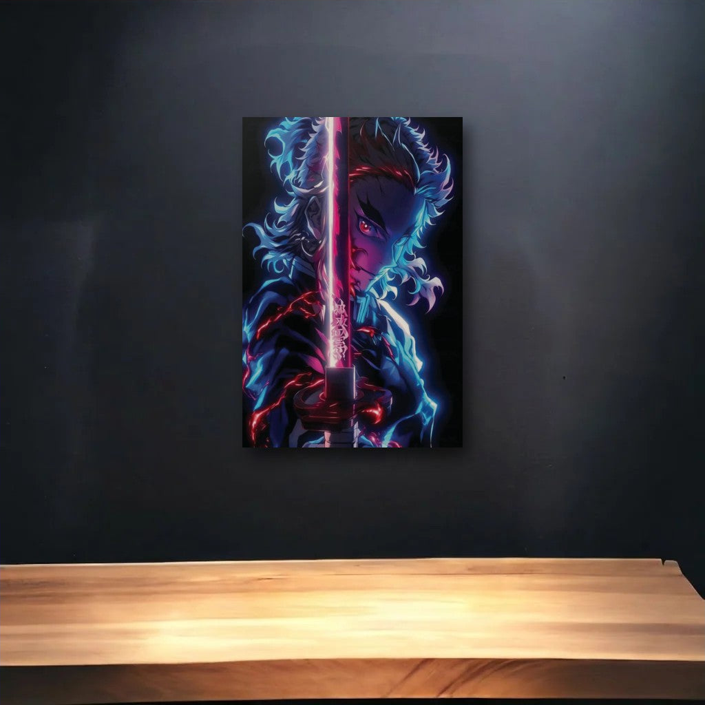 Anime Art glossy acrylic art above a wooden shelf
