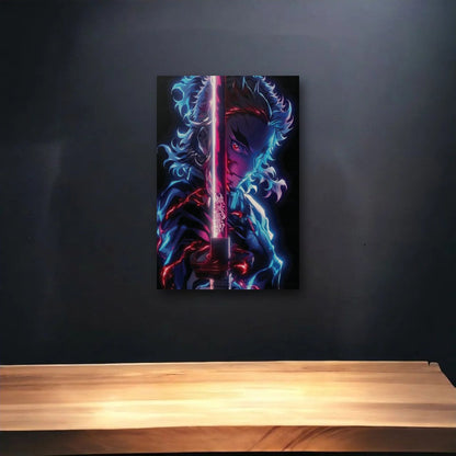 Anime Art glossy acrylic art above a wooden shelf