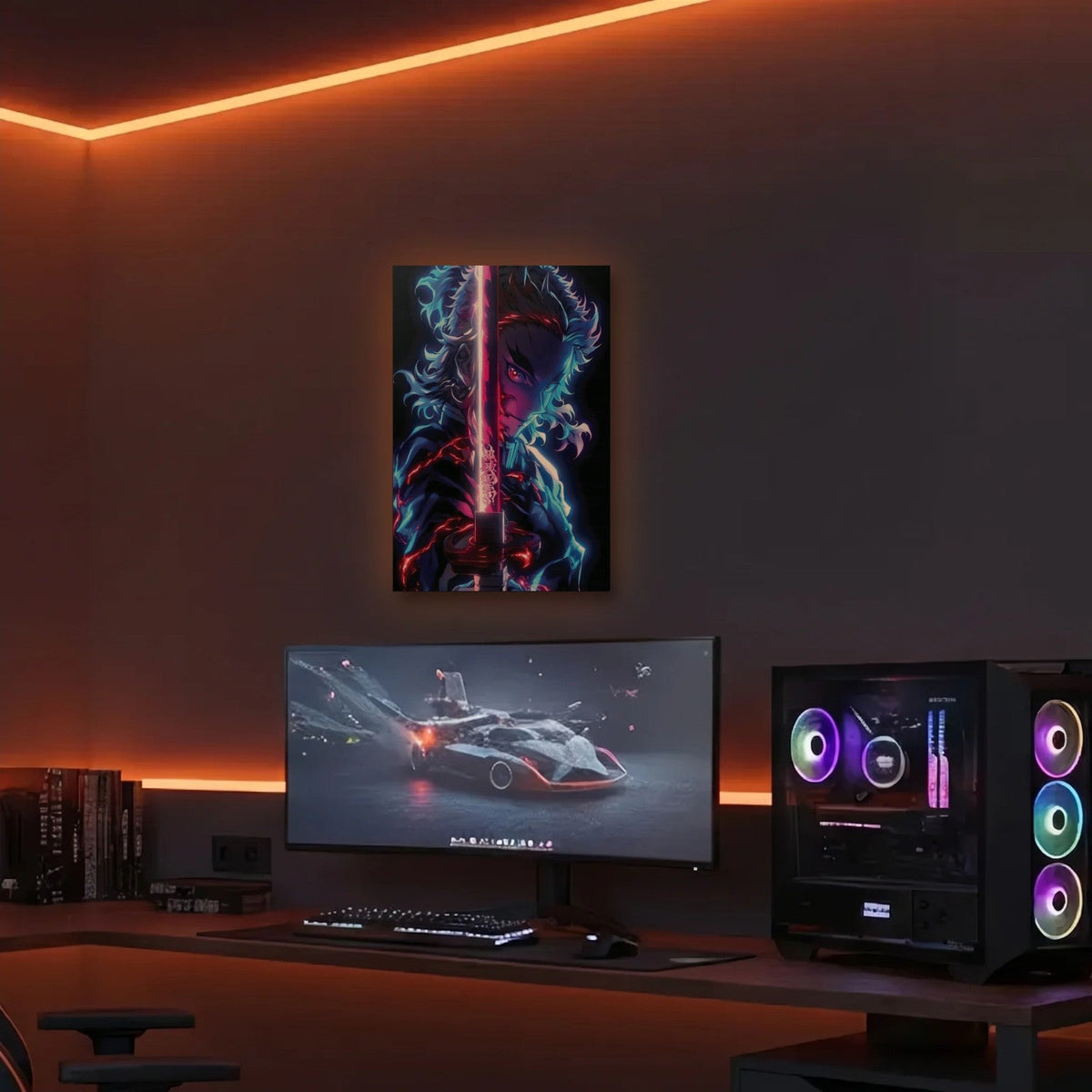 Anime Art acrylic wall art in an orange LED gaming room
