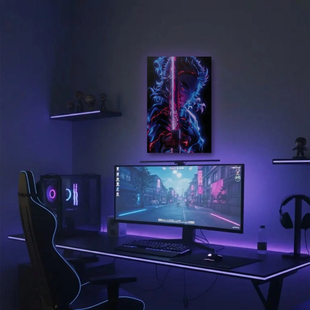 Anime Art acrylic wall art in a purple gaming setup