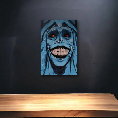 Anime Art glossy acrylic art above a wooden shelf