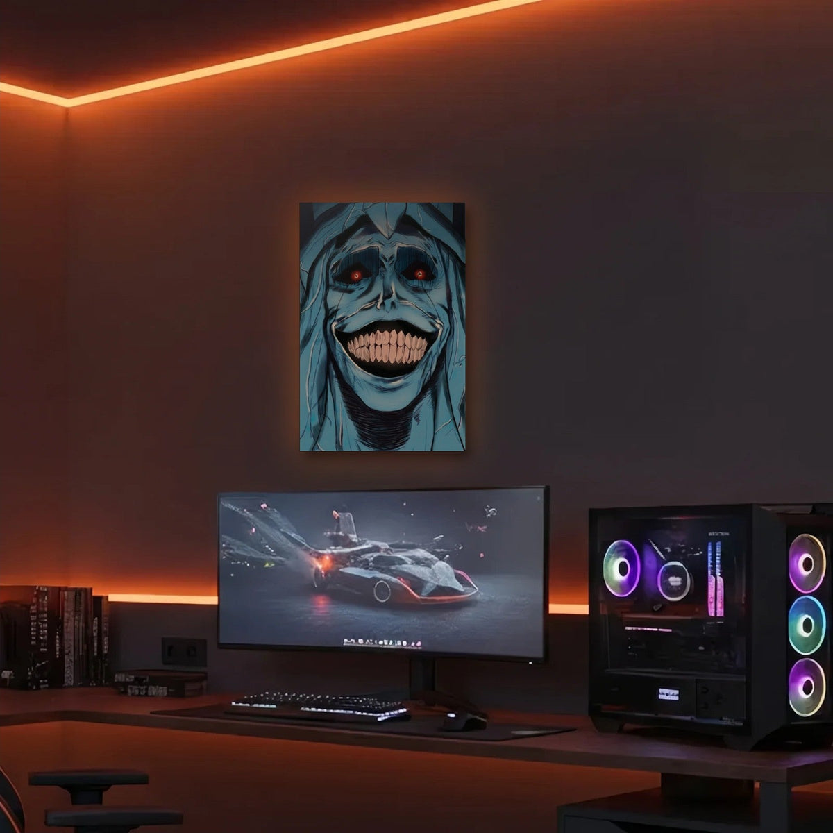 Anime Art acrylic wall art in an orange LED gaming room