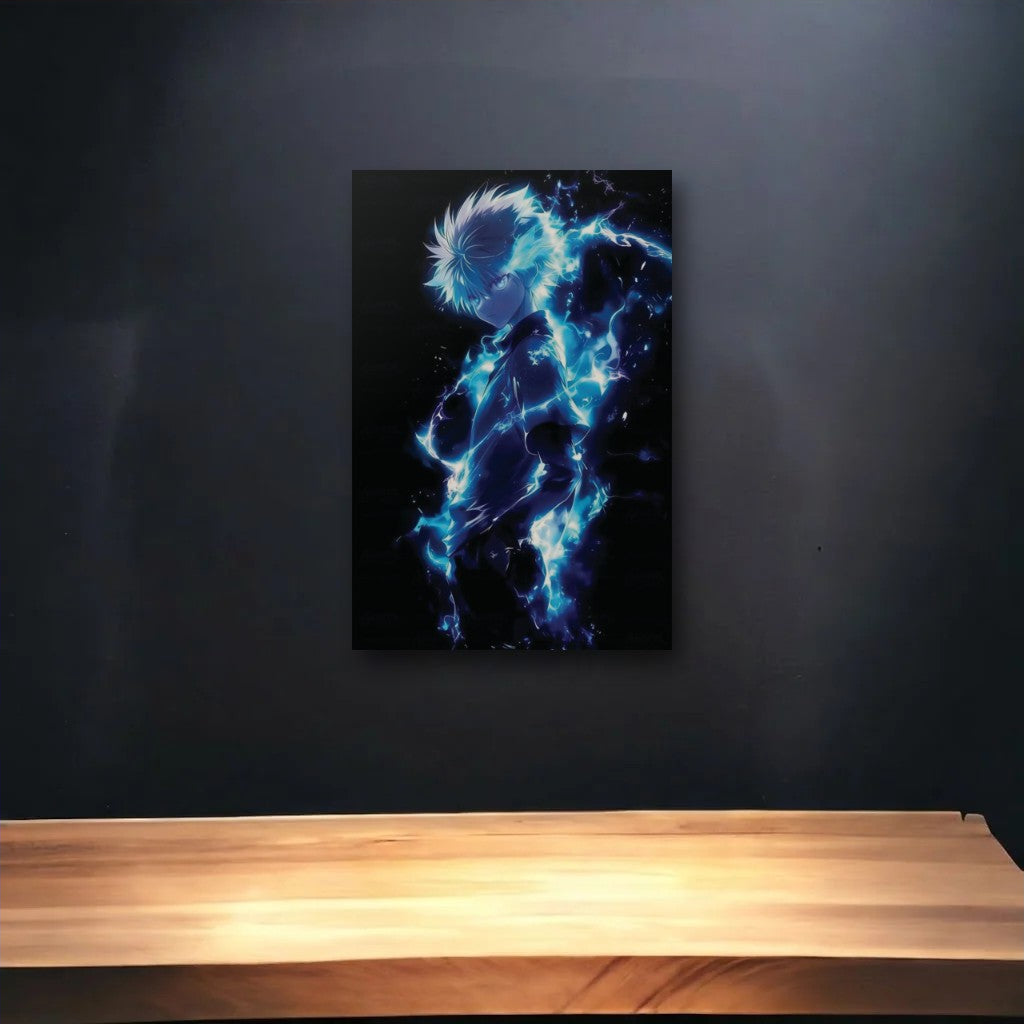 Anime Art glossy acrylic art above a wooden shelf