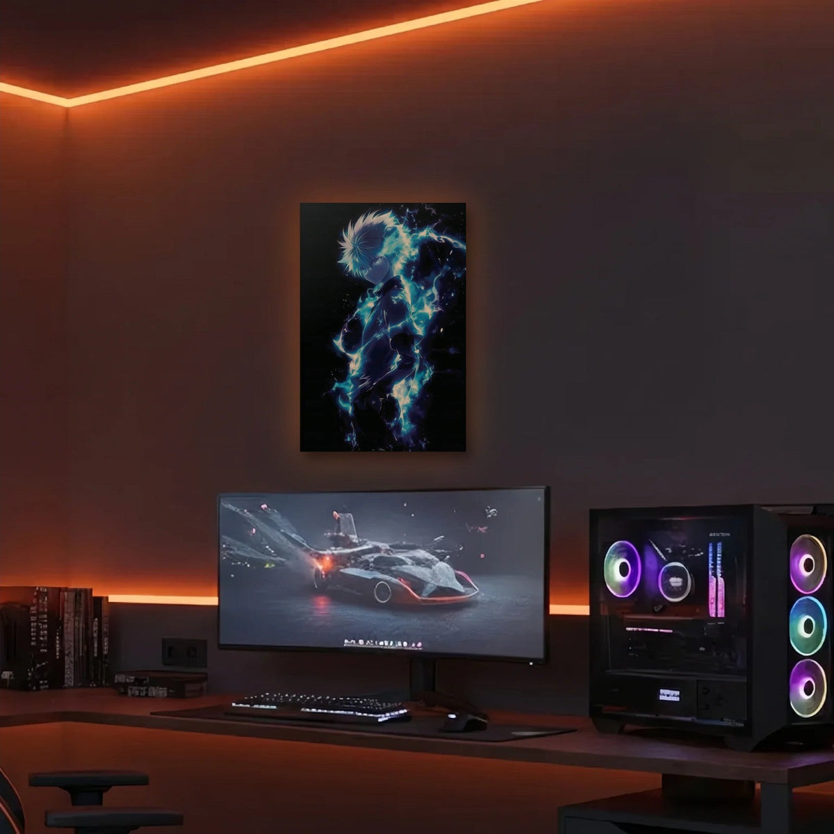 Anime Art acrylic wall art in an orange LED gaming room