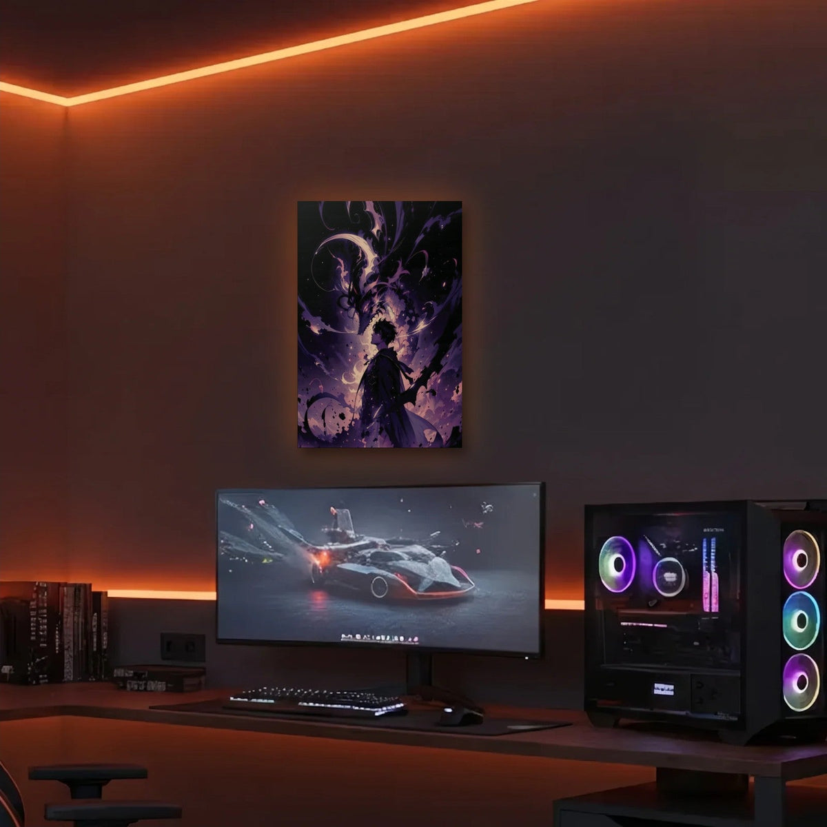 Anime Art acrylic wall art in an orange LED gaming room