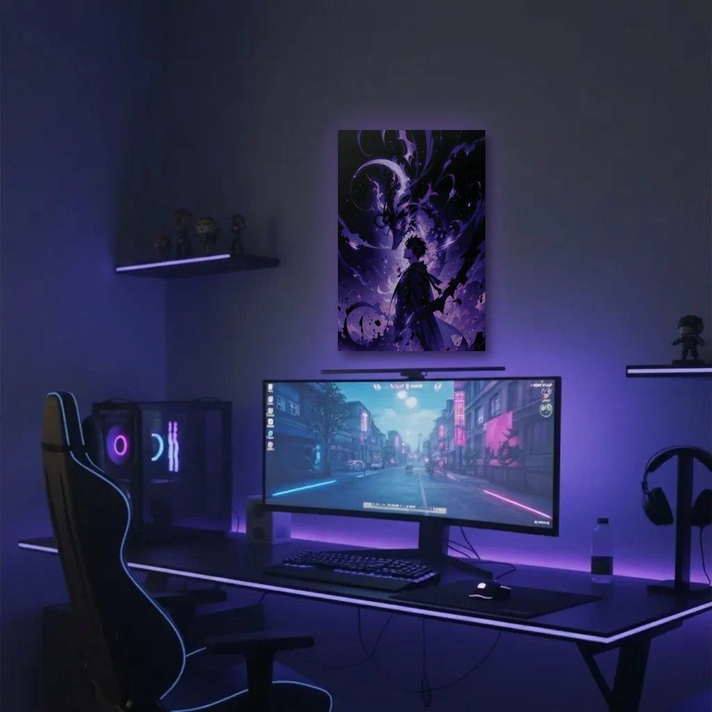 Anime Art acrylic wall art in a purple gaming setup