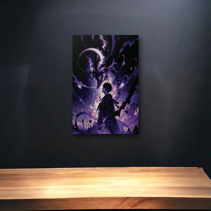 Anime Art glossy acrylic art above a wooden shelf