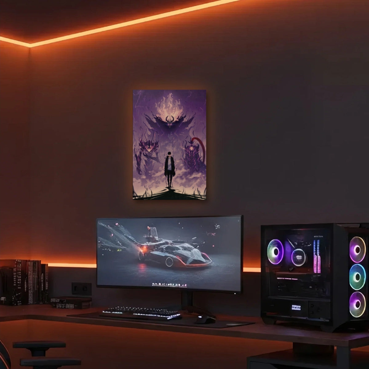 Anime Art acrylic wall art in an orange LED gaming room