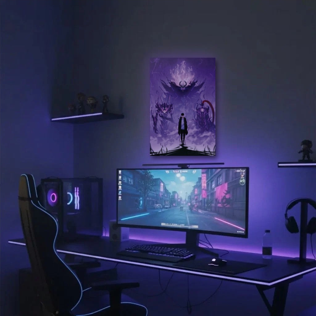 Anime Art acrylic wall art in a purple gaming setup