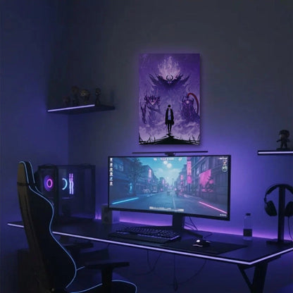 Anime Art acrylic wall art in a purple gaming setup