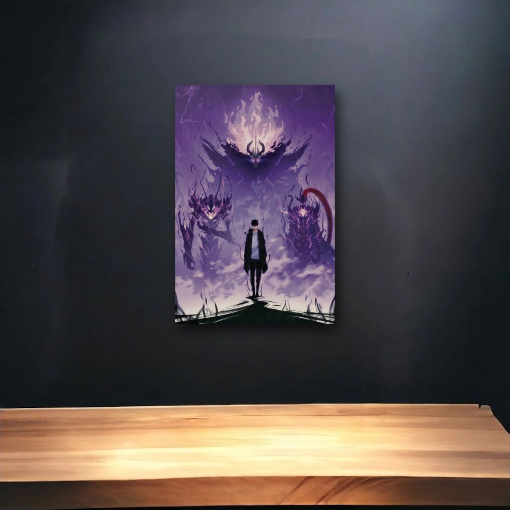 Anime Art glossy acrylic art above a wooden shelf