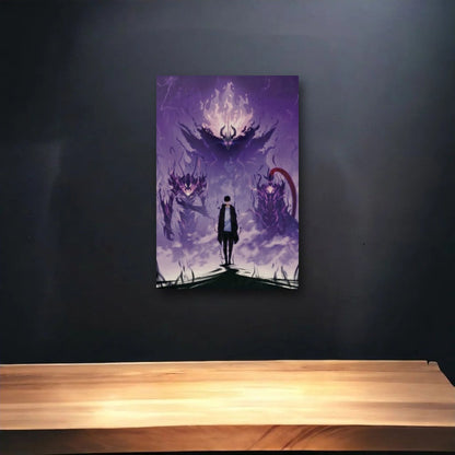 Anime Art glossy acrylic art above a wooden shelf
