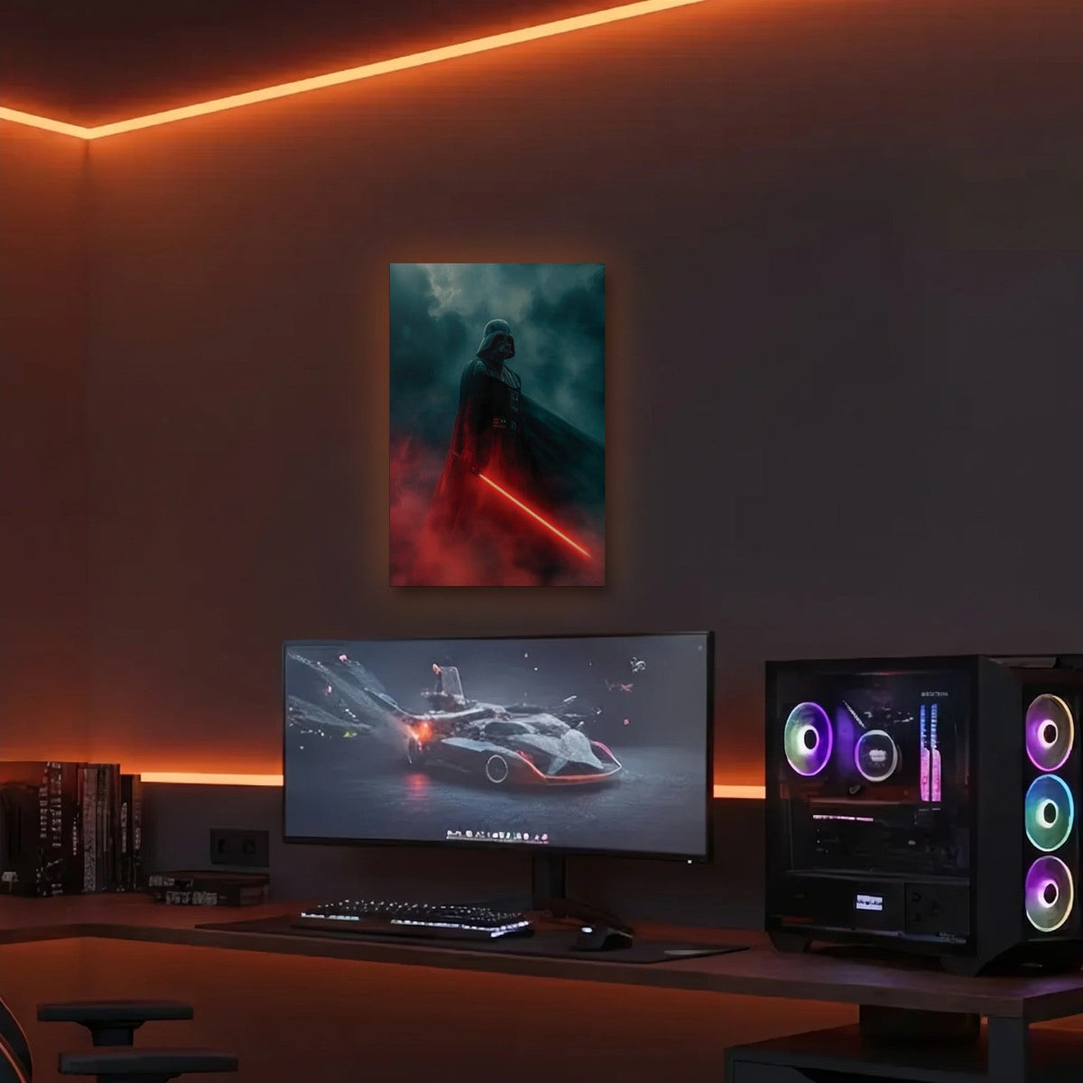 Anime Art acrylic wall art in an orange LED gaming room