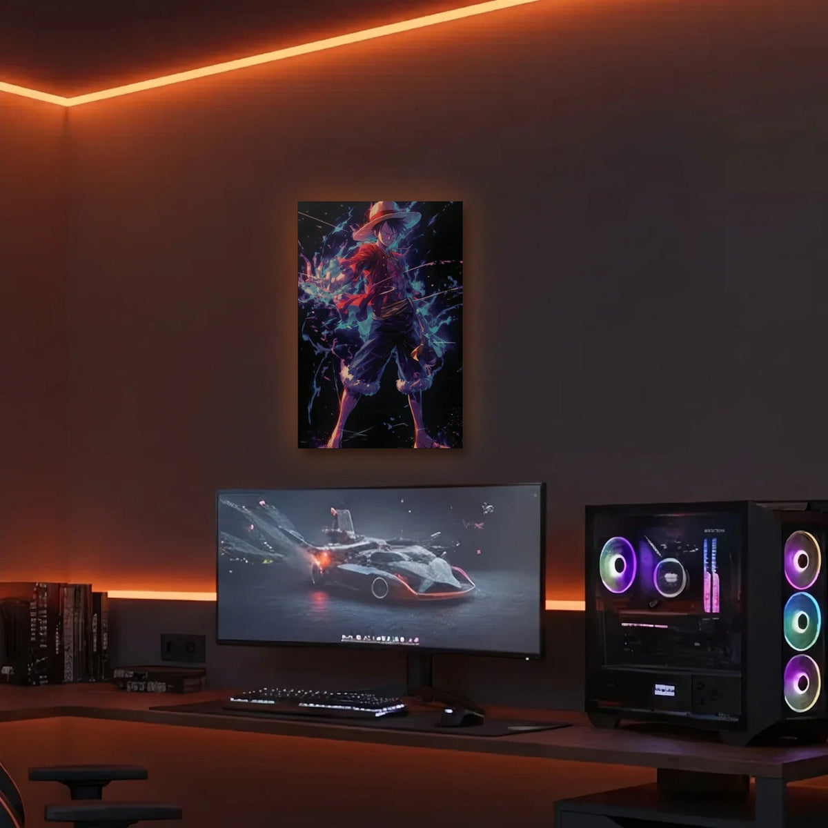 Anime Art acrylic wall art in an orange LED gaming room