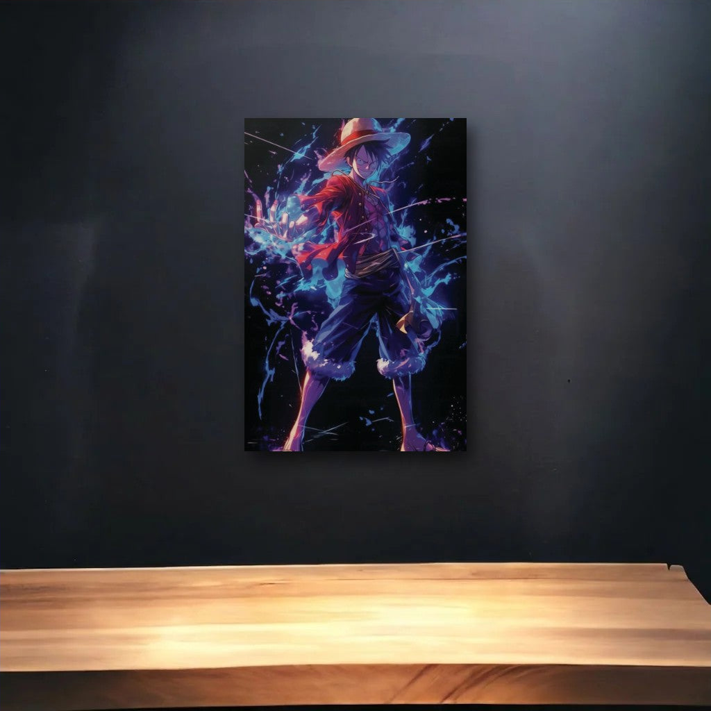 Anime Art glossy acrylic art above a wooden shelf
