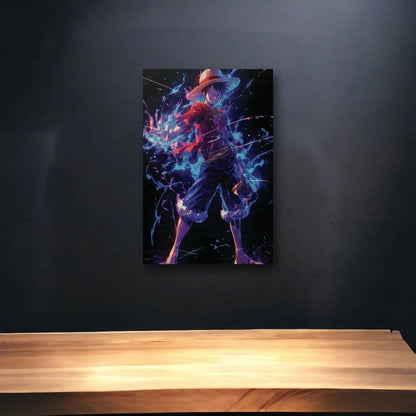 Anime Art glossy acrylic art above a wooden shelf
