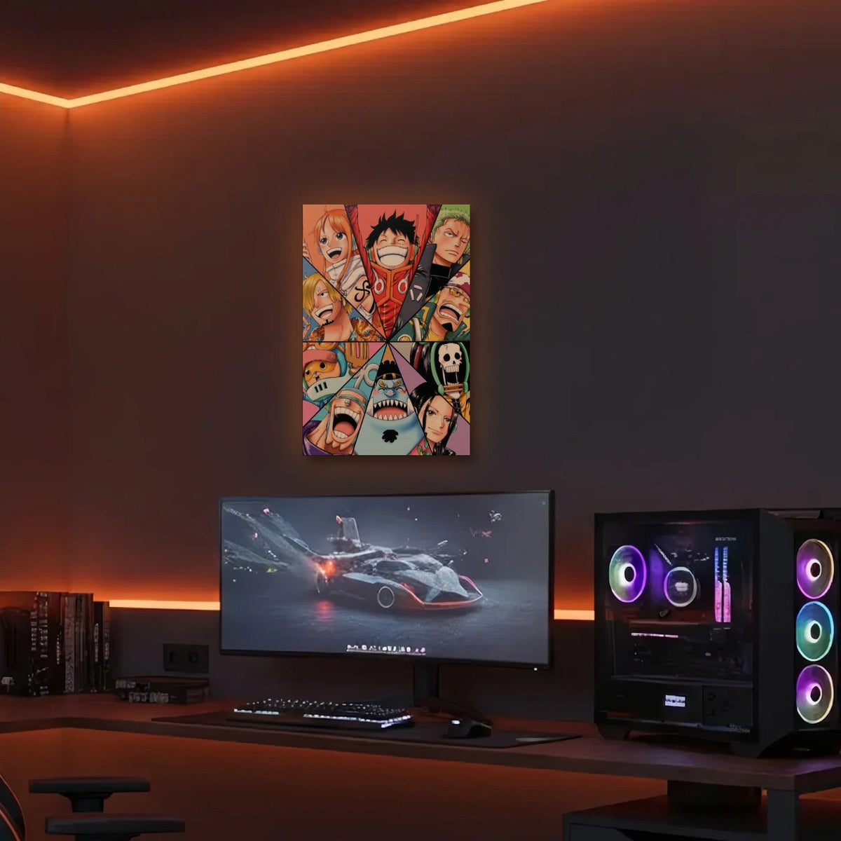 Anime Art acrylic wall art in an orange LED gaming room