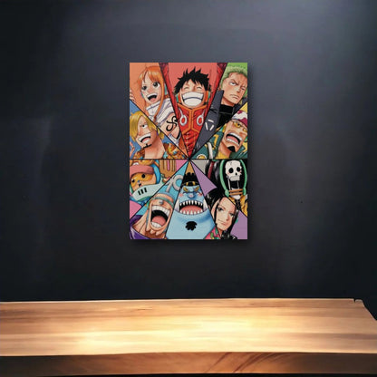 Anime Art glossy acrylic art above a wooden shelf