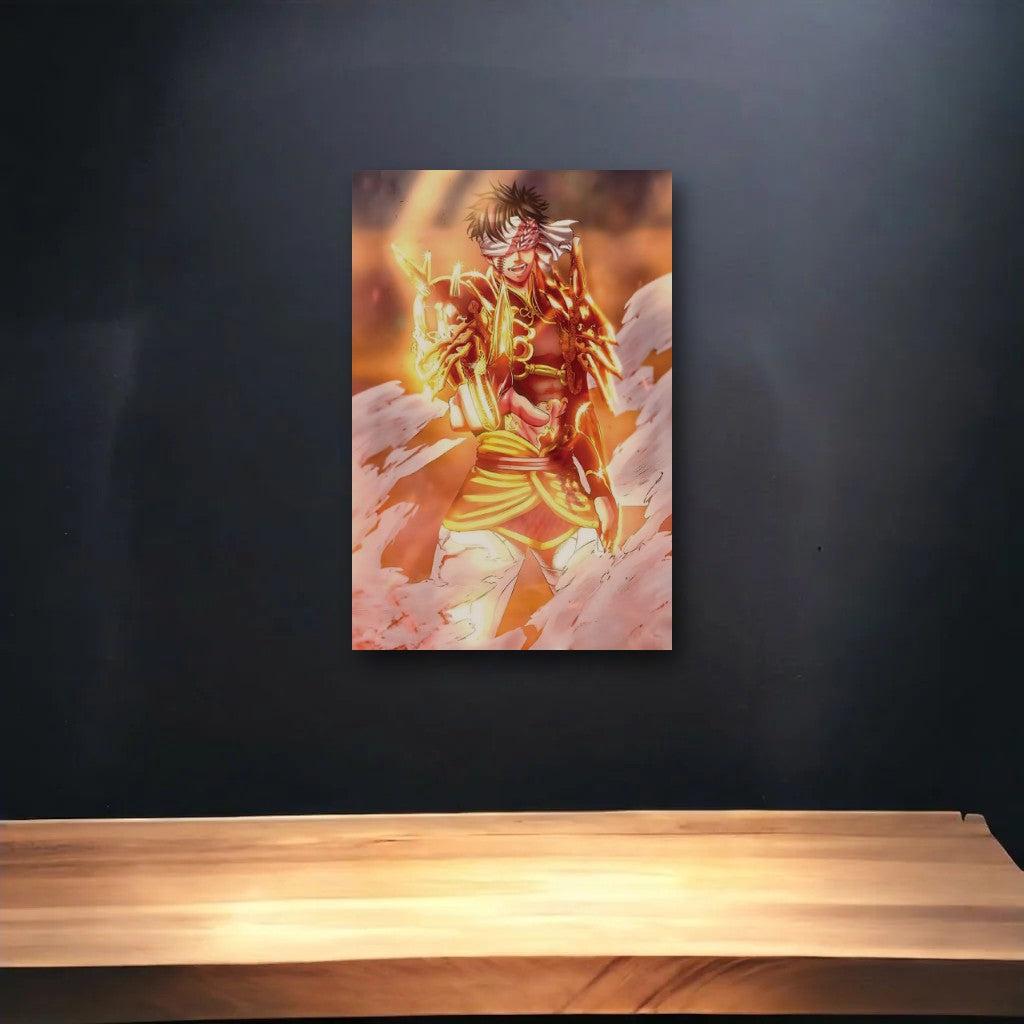 Anime Art glossy acrylic art above a wooden shelf