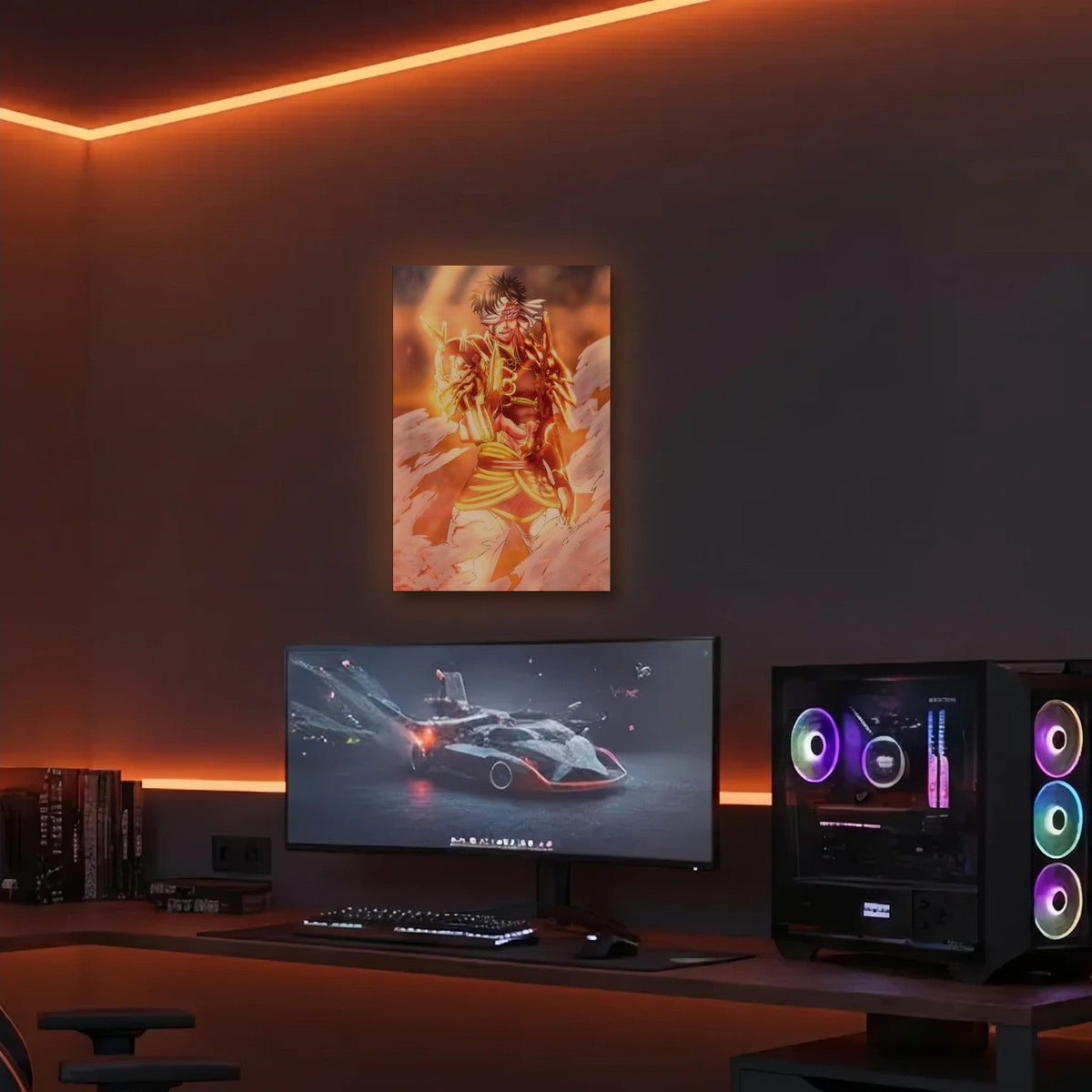 Anime Art acrylic wall art in an orange LED gaming room