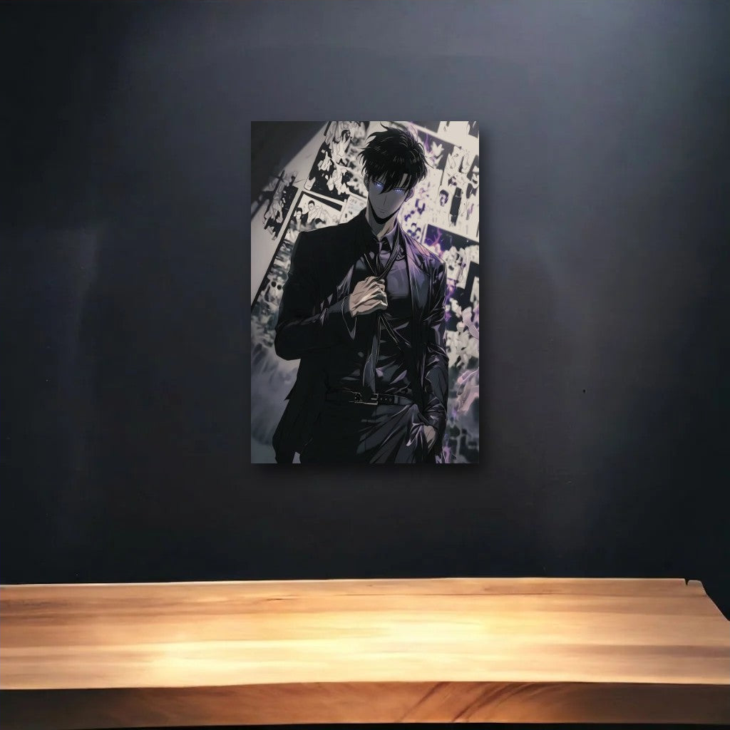 Anime Art glossy acrylic art above a wooden shelf