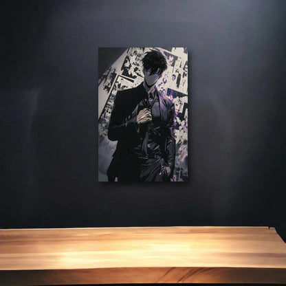 Anime Art glossy acrylic art above a wooden shelf