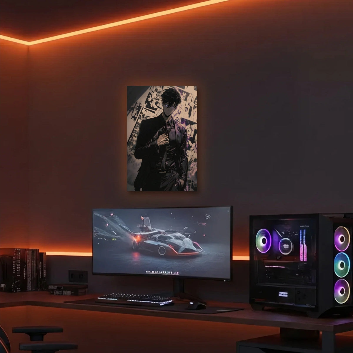Anime Art acrylic wall art in an orange LED gaming room