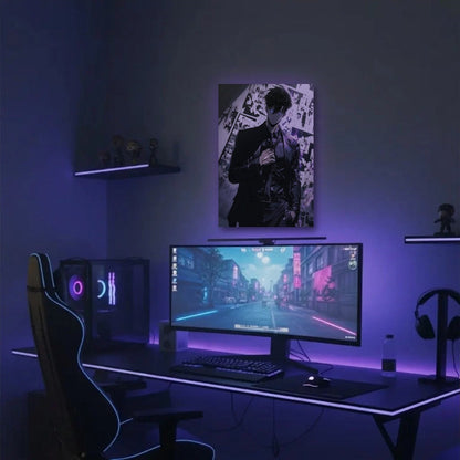 Anime Art acrylic wall art in a purple gaming setup