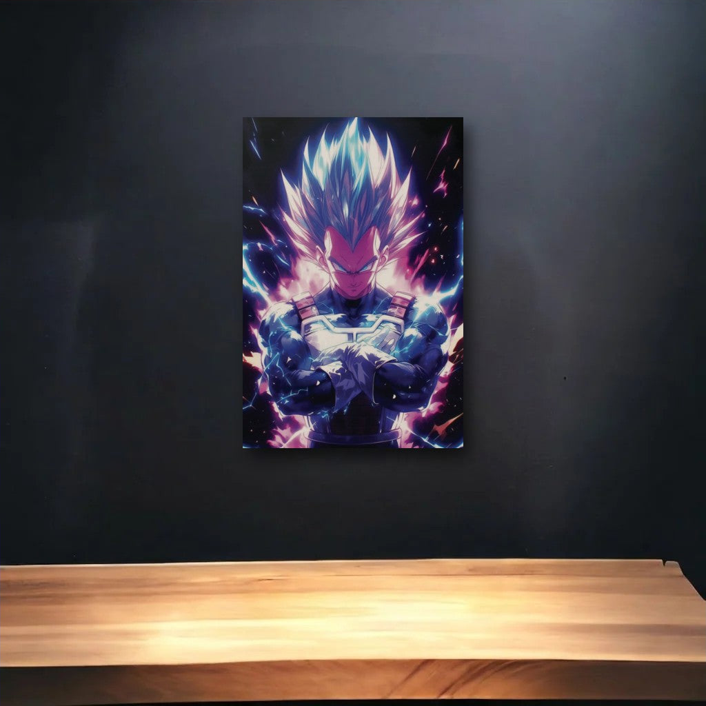 Anime Art glossy acrylic art above a wooden shelf