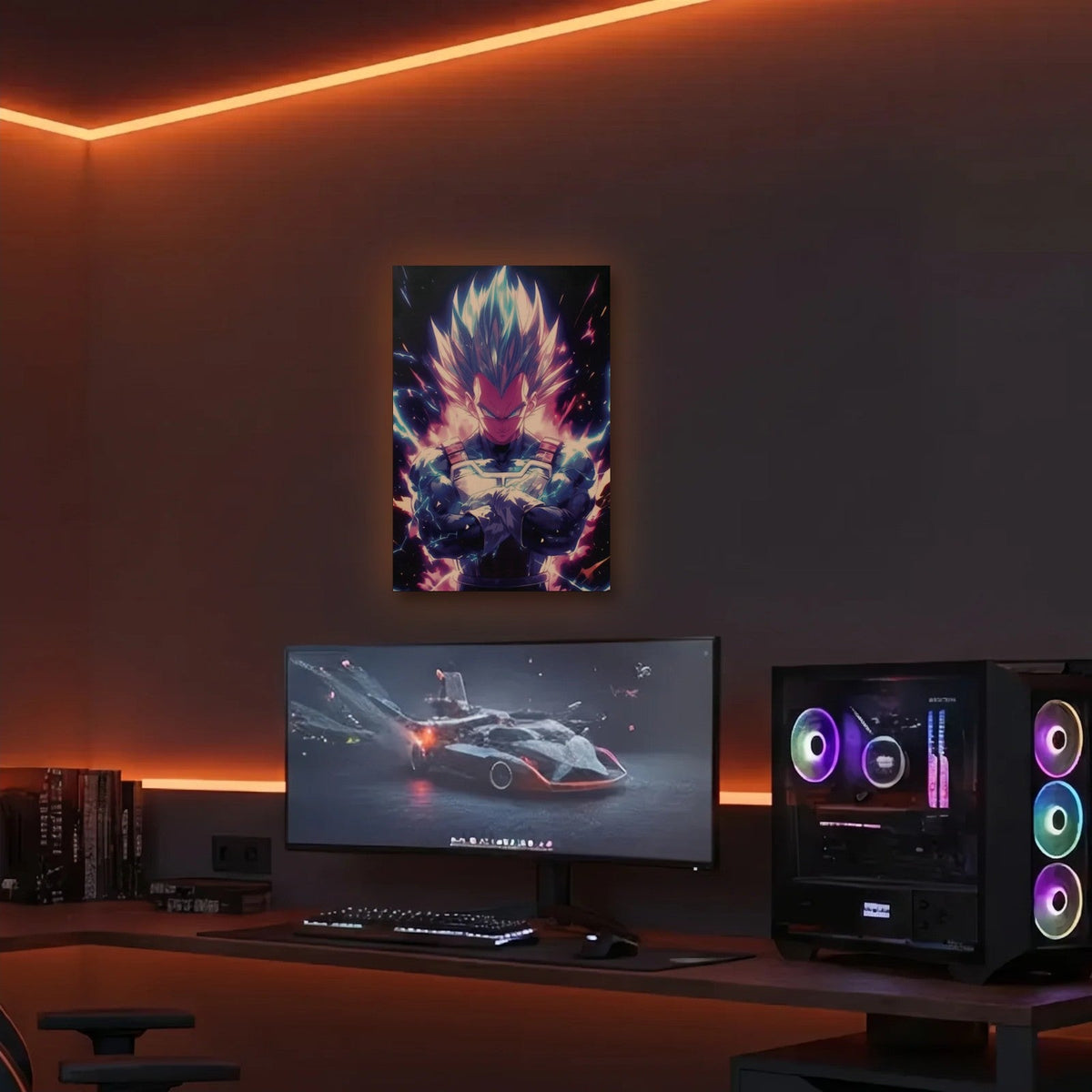 Anime Art acrylic wall art in an orange LED gaming room