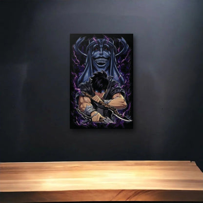 Anime Art glossy acrylic art above a wooden shelf