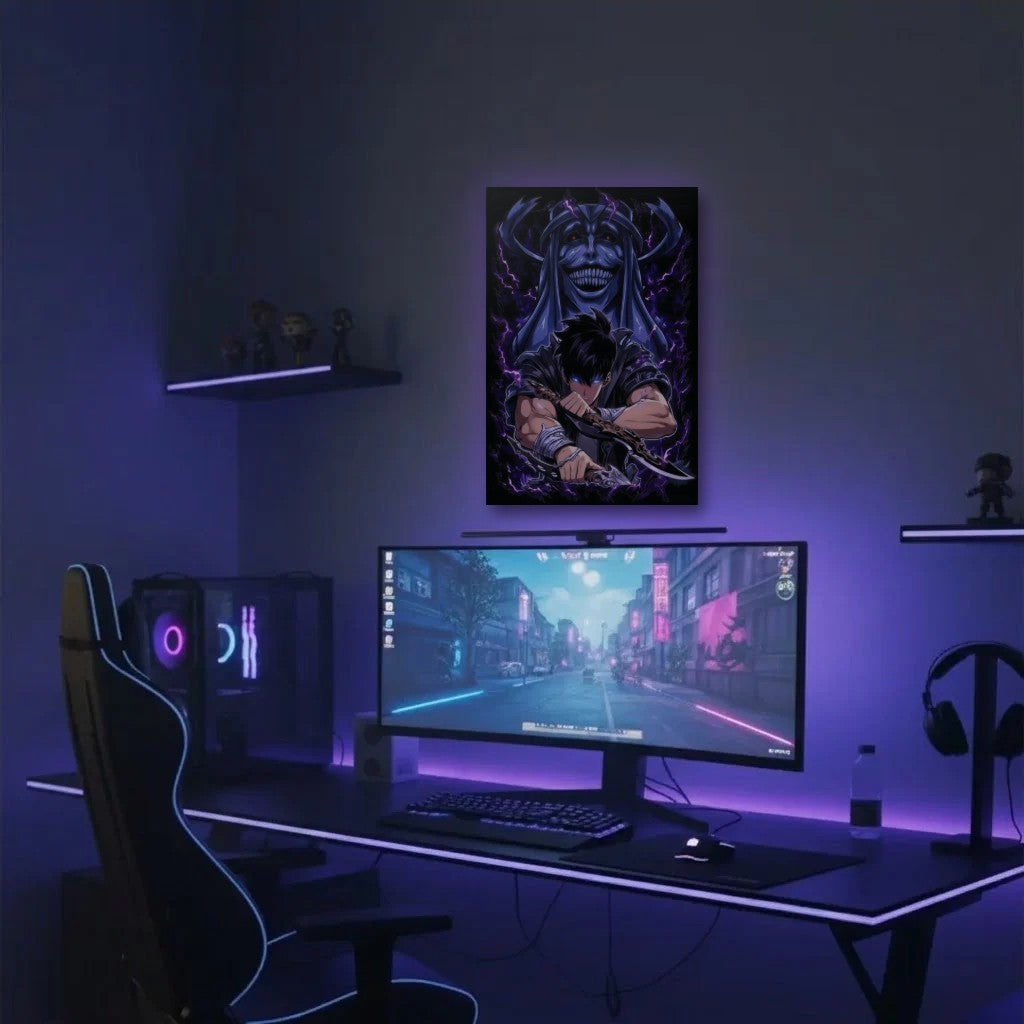 Anime Art acrylic wall art in a purple gaming setup