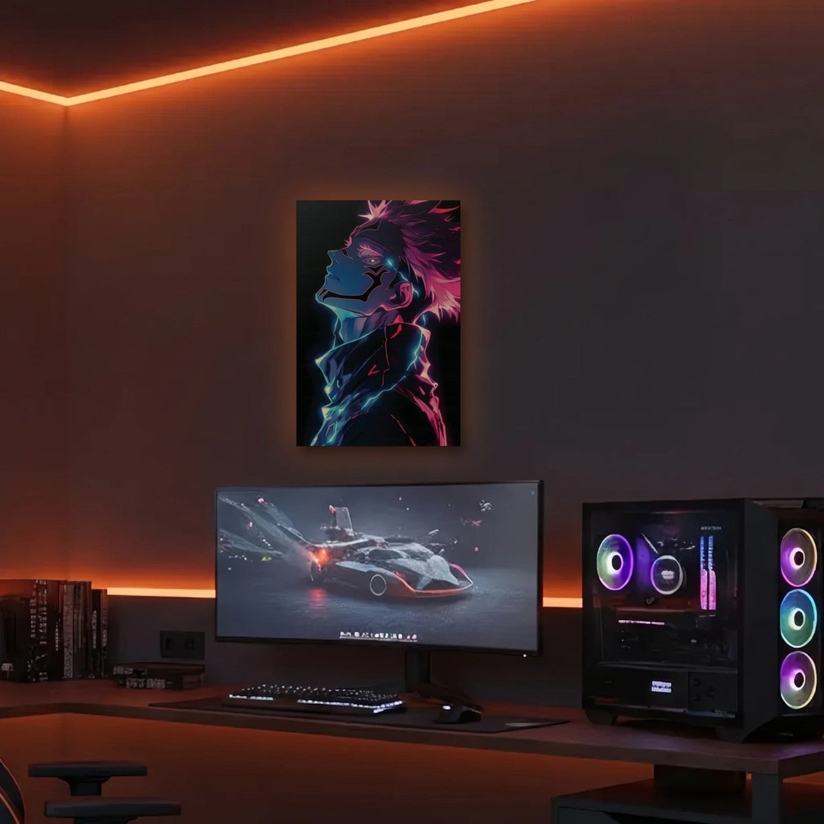 Anime Art acrylic wall art in an orange LED gaming room