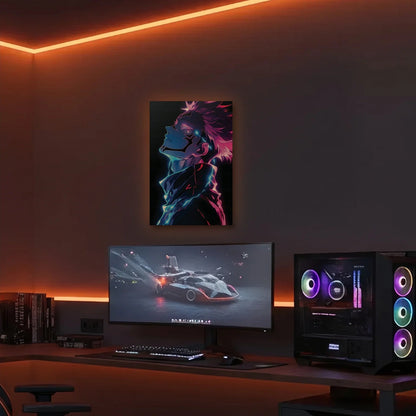Anime Art acrylic wall art in an orange LED gaming room