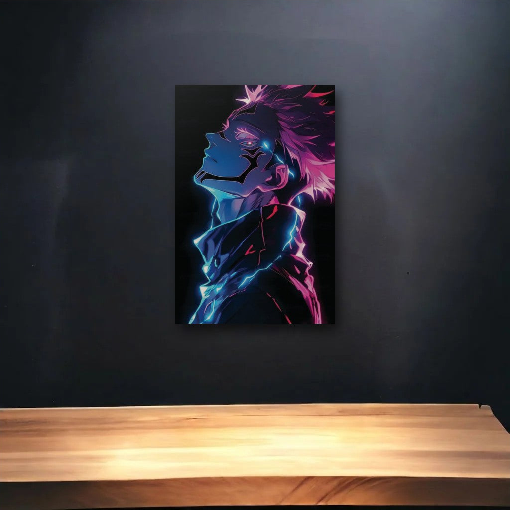 Anime Art glossy acrylic art above a wooden shelf