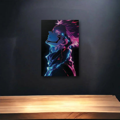 Anime Art glossy acrylic art above a wooden shelf