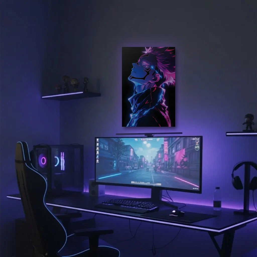 Anime Art acrylic wall art in a purple gaming setup