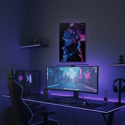 Anime Art acrylic wall art in a purple gaming setup
