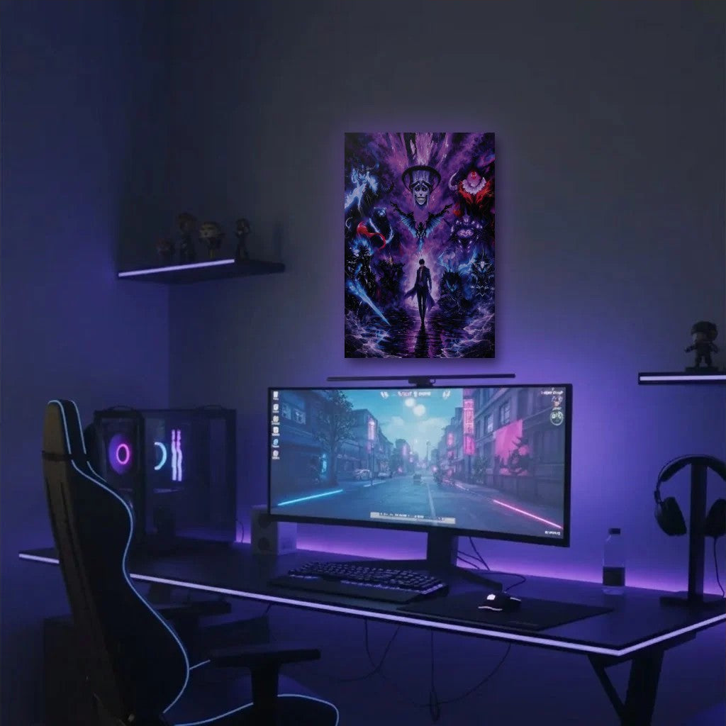 Anime Art acrylic wall art in a purple gaming setup