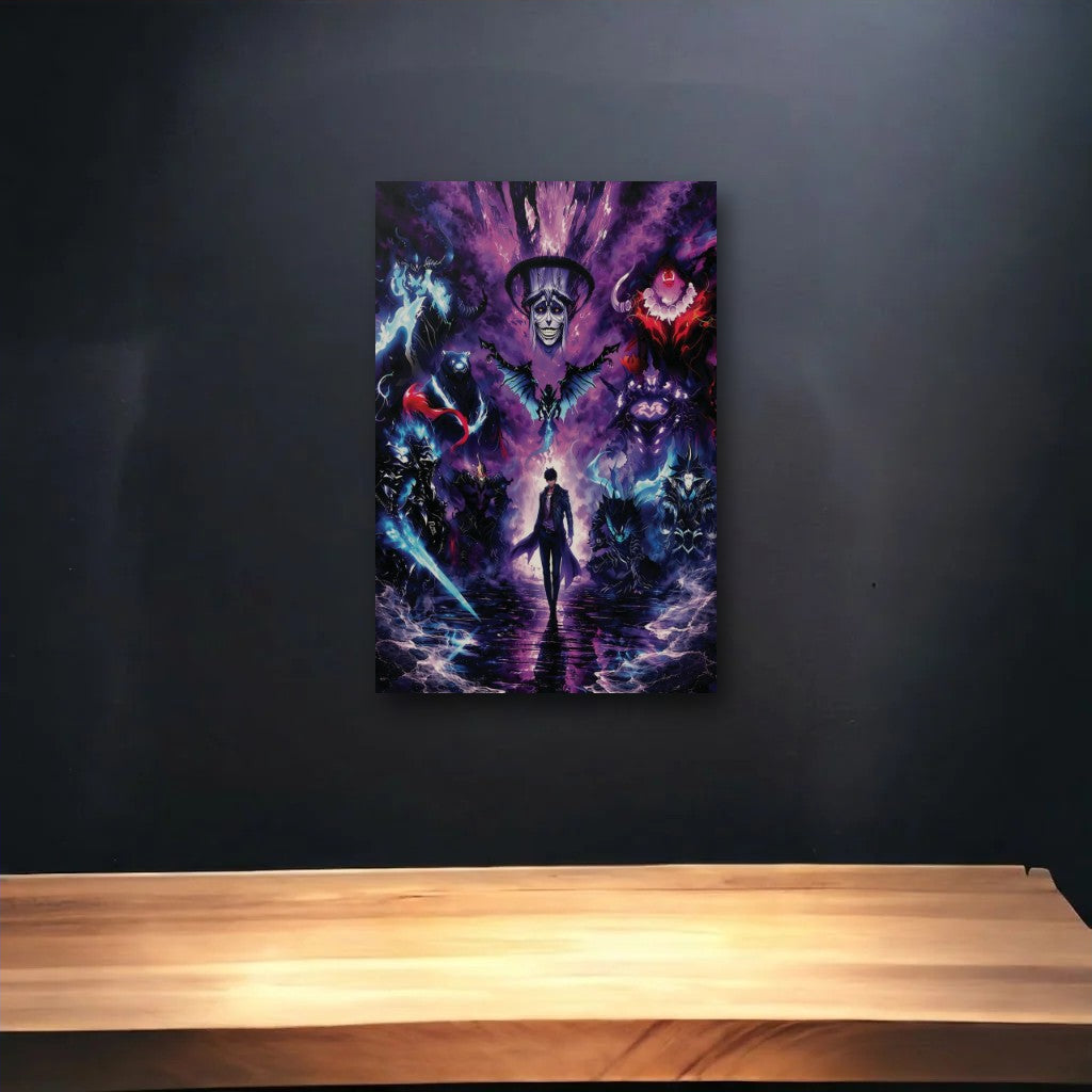 Anime Art glossy acrylic art above a wooden shelf