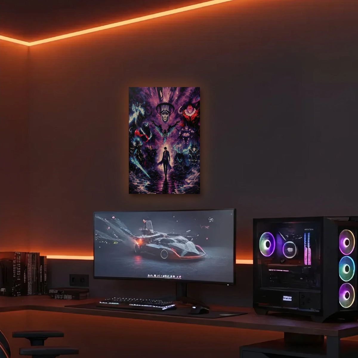 Anime Art acrylic wall art in an orange LED gaming room