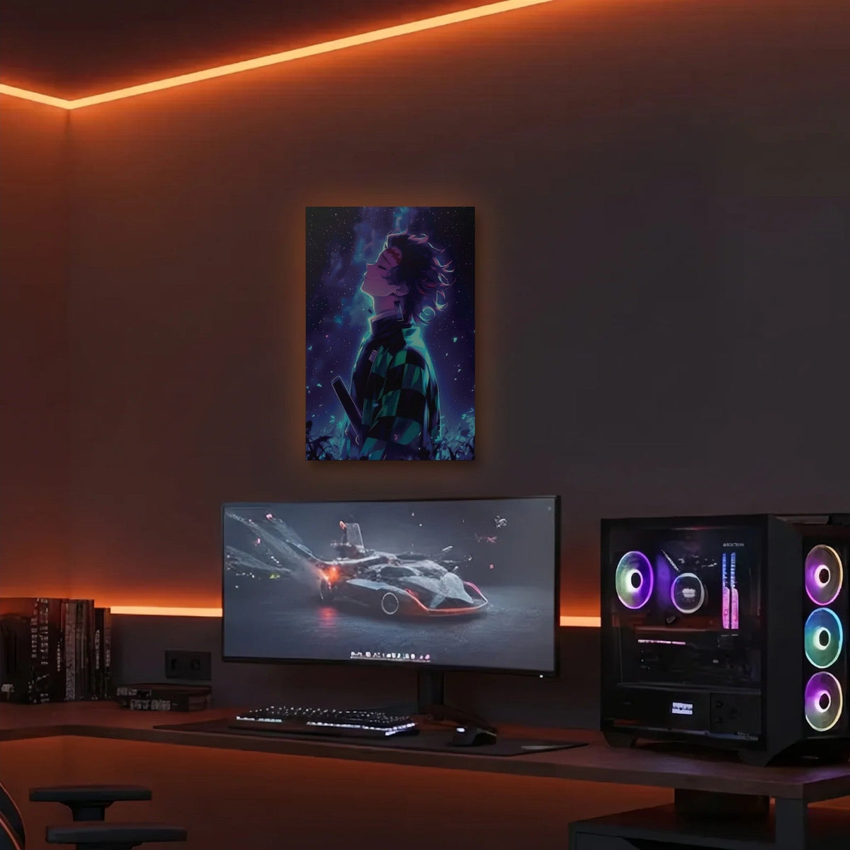 Anime Art acrylic wall art in an orange LED gaming room