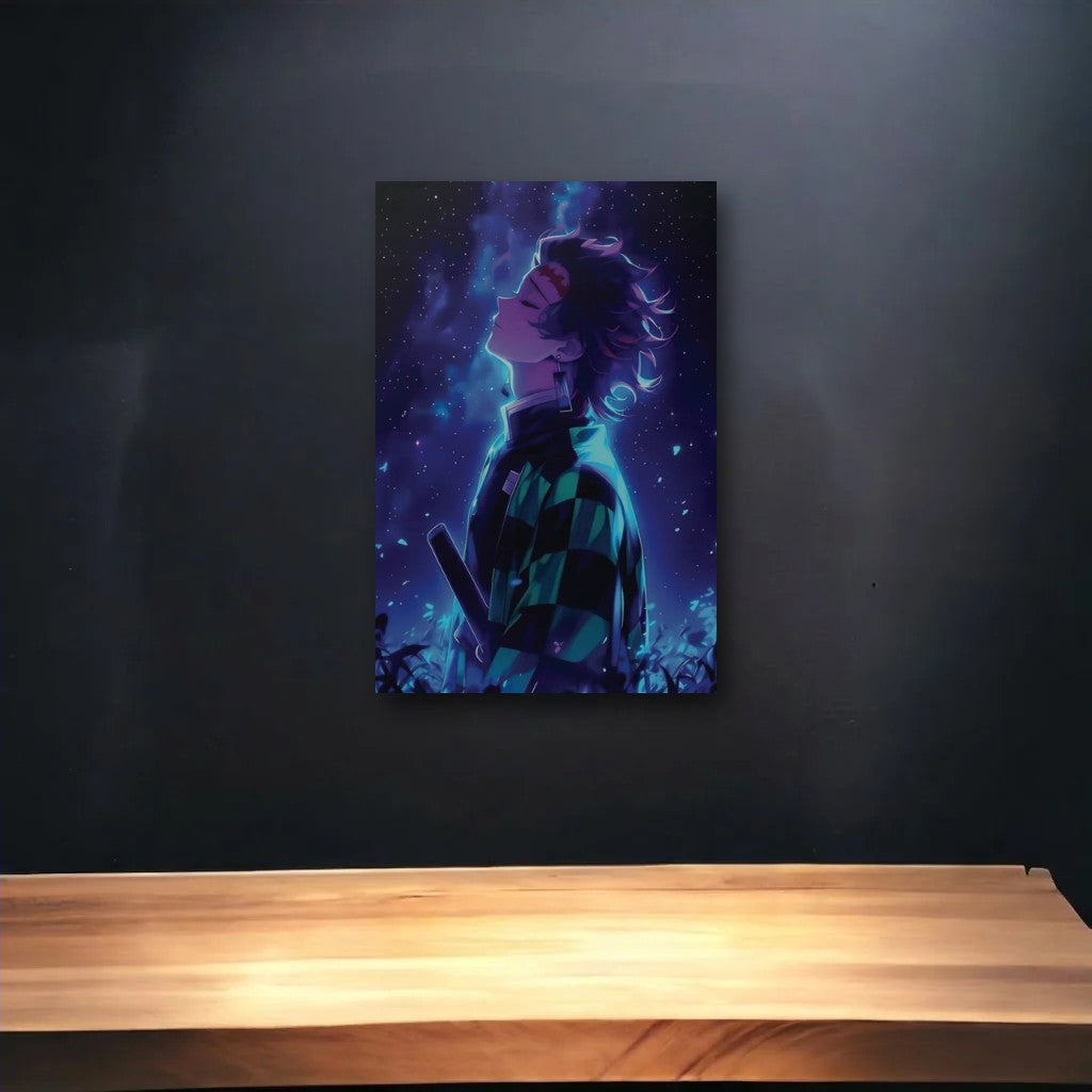 Anime Art glossy acrylic art above a wooden shelf