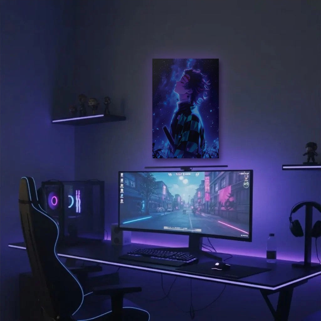 Anime Art acrylic wall art in a purple gaming setup