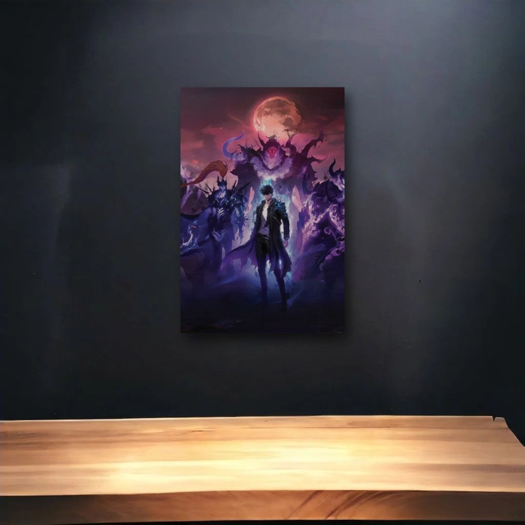 Anime Art glossy acrylic art above a wooden shelf