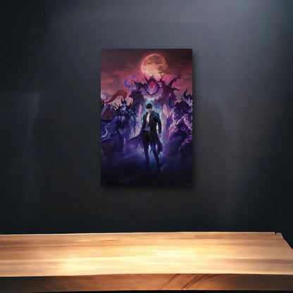 Anime Art glossy acrylic art above a wooden shelf