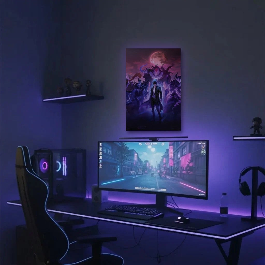 Anime Art acrylic wall art in a purple gaming setup