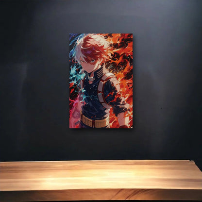 Anime Art glossy acrylic art above a wooden shelf