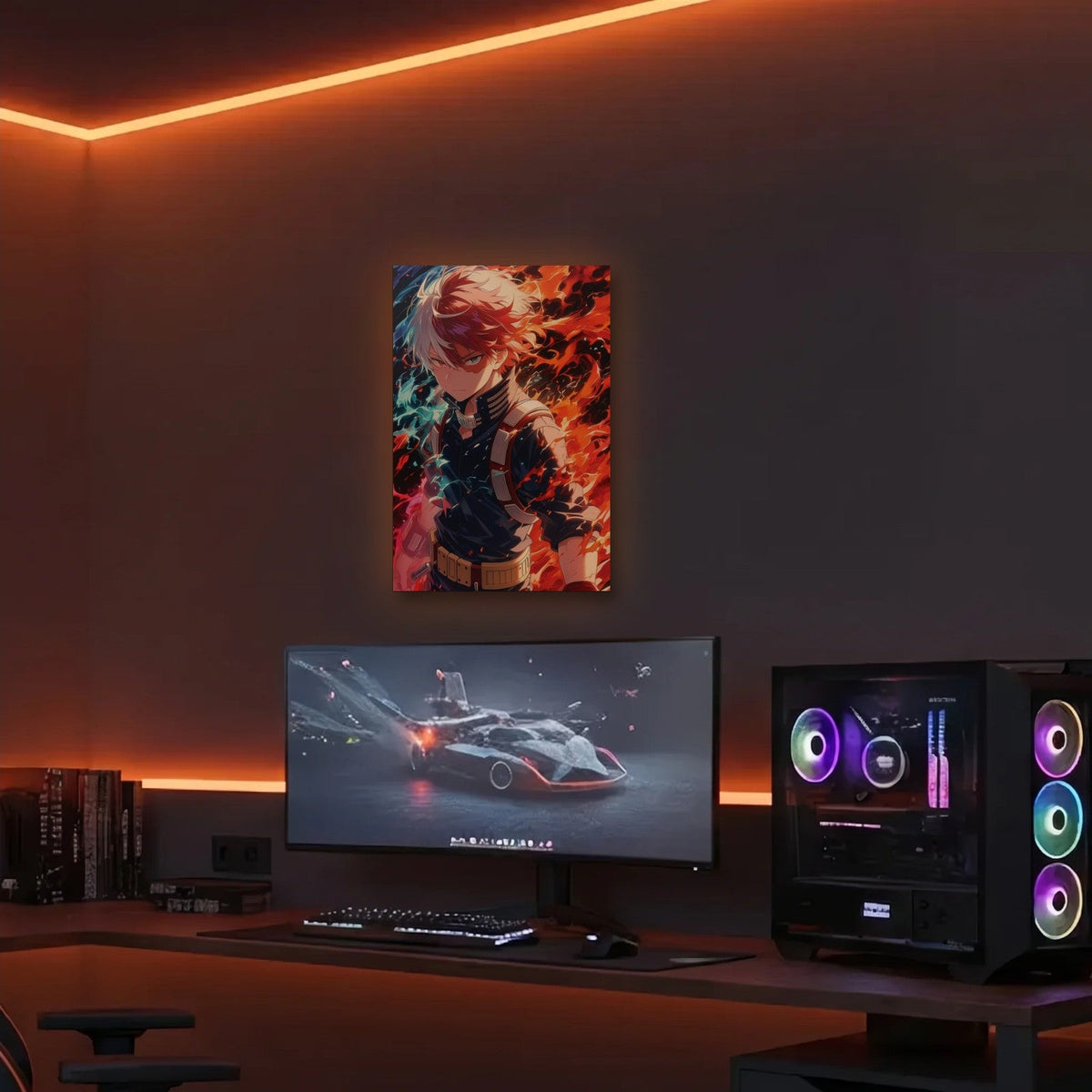 Anime Art acrylic wall art in an orange LED gaming room